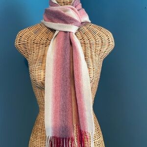 Nordstrom Cashmere Striped Tan & Red Fringed Soft Scarf 10 x 78